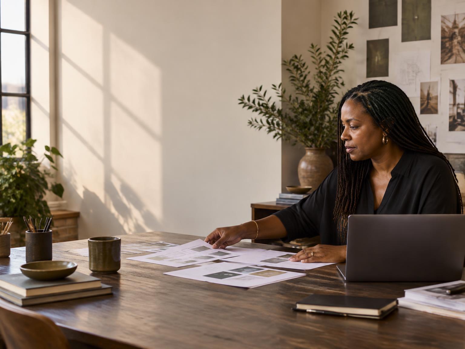 An operations strategist arranging workflow materials at a studio table
